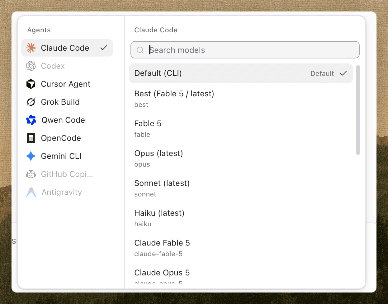 The agent picker: a list of agents on the left, and a searchable model list for Claude Code on the right.