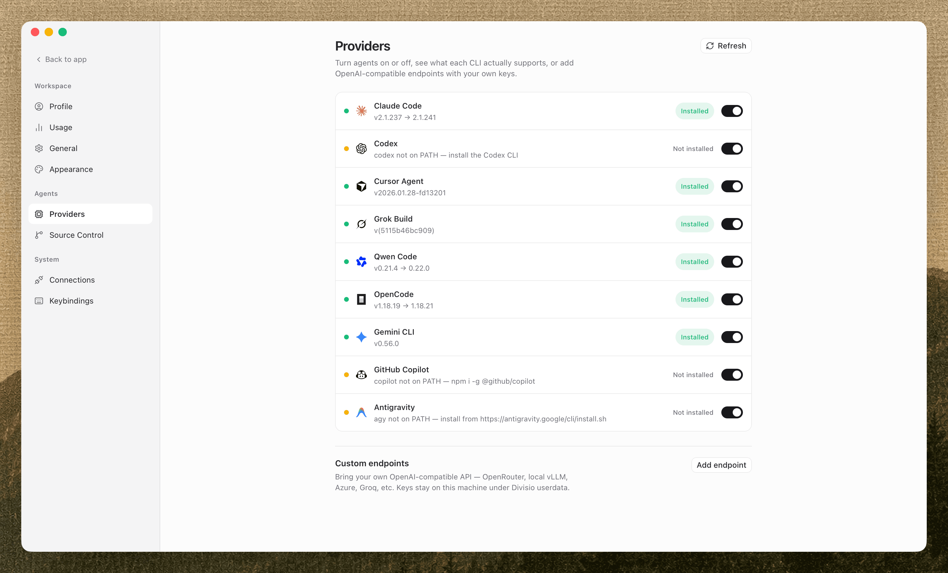 The Providers screen listing nine agent CLIs with version numbers, installed badges, and per-agent toggles.