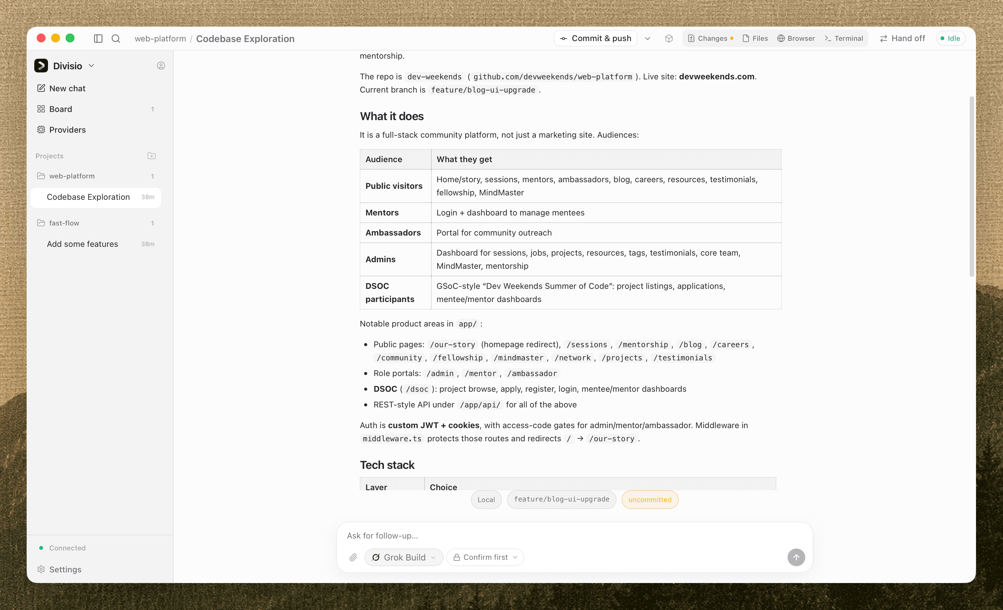 The Divisio workspace: a project sidebar, an agent thread rendering a codebase summary, and a composer with the agent and permission mode selected.